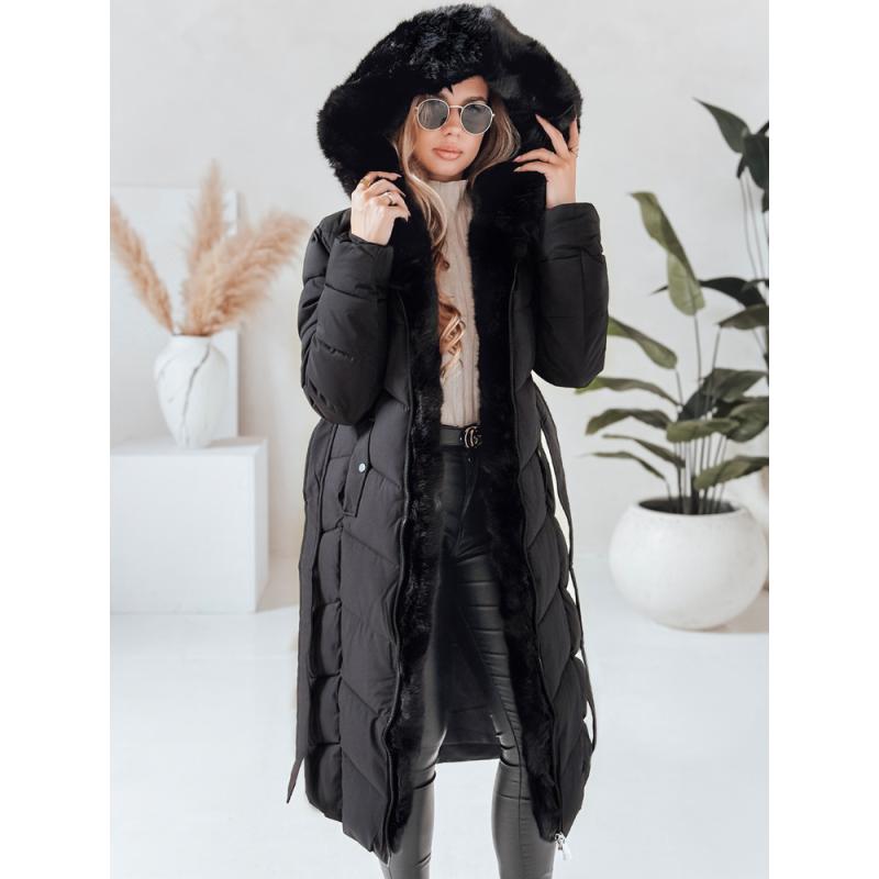 Dámska dlhá prešívaná zimná bunda s kožušinkou, čierna