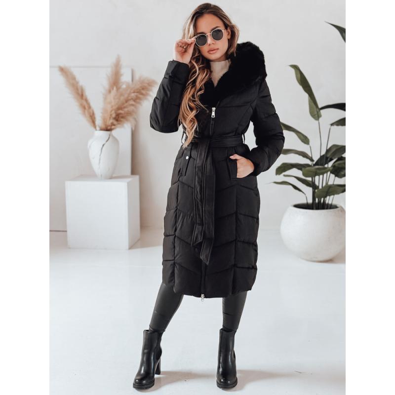 Dámska dlhá prešívaná zimná bunda s kožušinkou, čierna