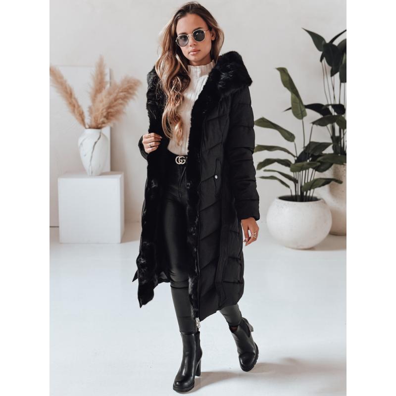 Dámska dlhá prešívaná zimná bunda s kožušinkou, čierna