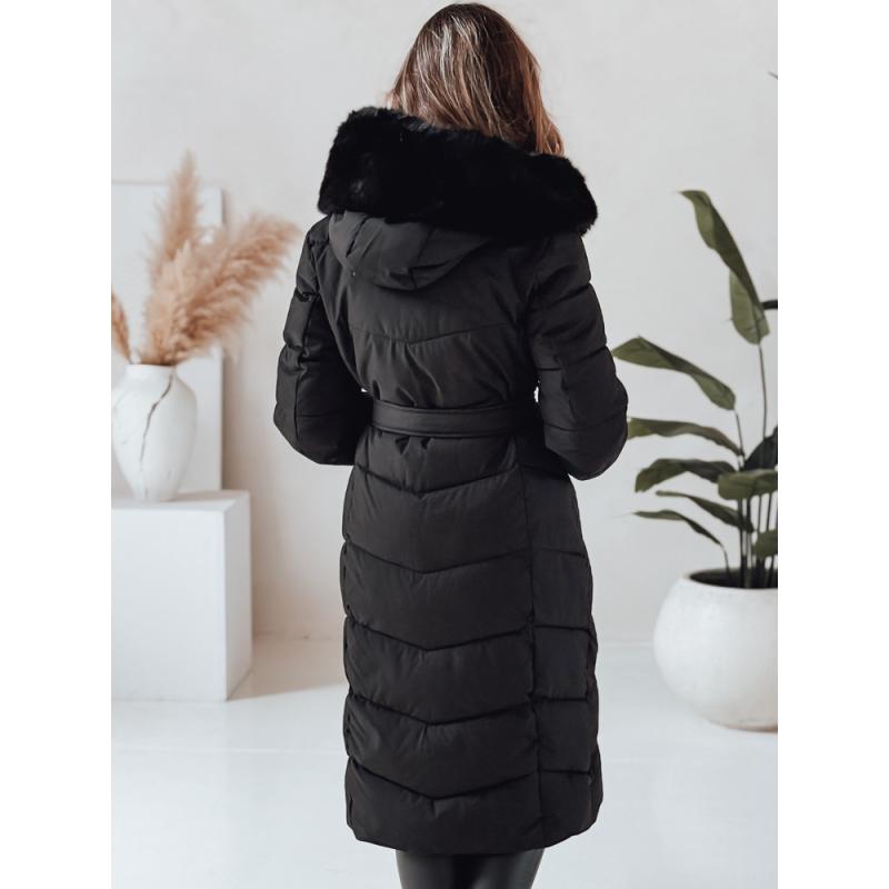 Dámska dlhá prešívaná zimná bunda s kožušinkou, čierna