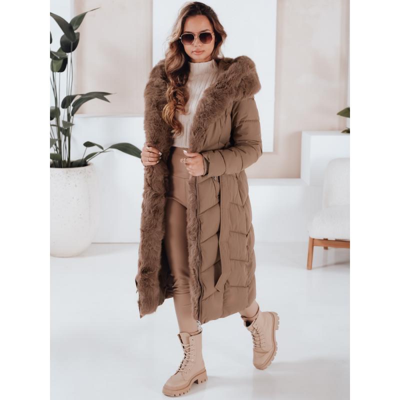 Dámska dlhá prešívaná zimná bunda s kožušinkou, kamelová
