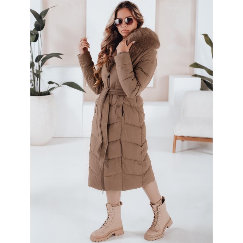 Dámska dlhá prešívaná zimná bunda s kožušinkou, kamelová