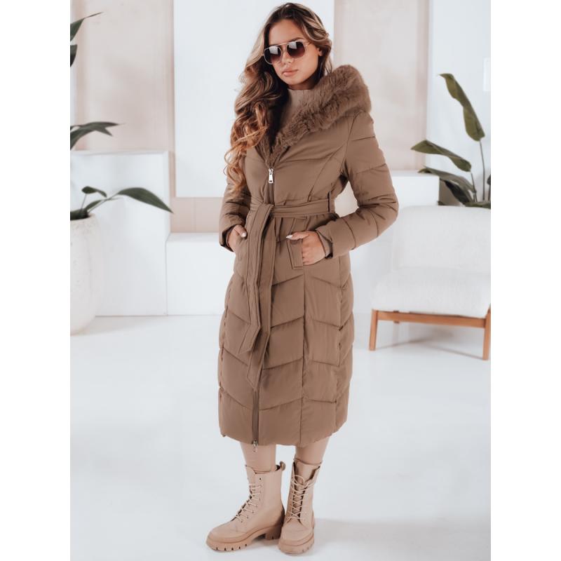 Dámska dlhá prešívaná zimná bunda s kožušinkou, kamelová