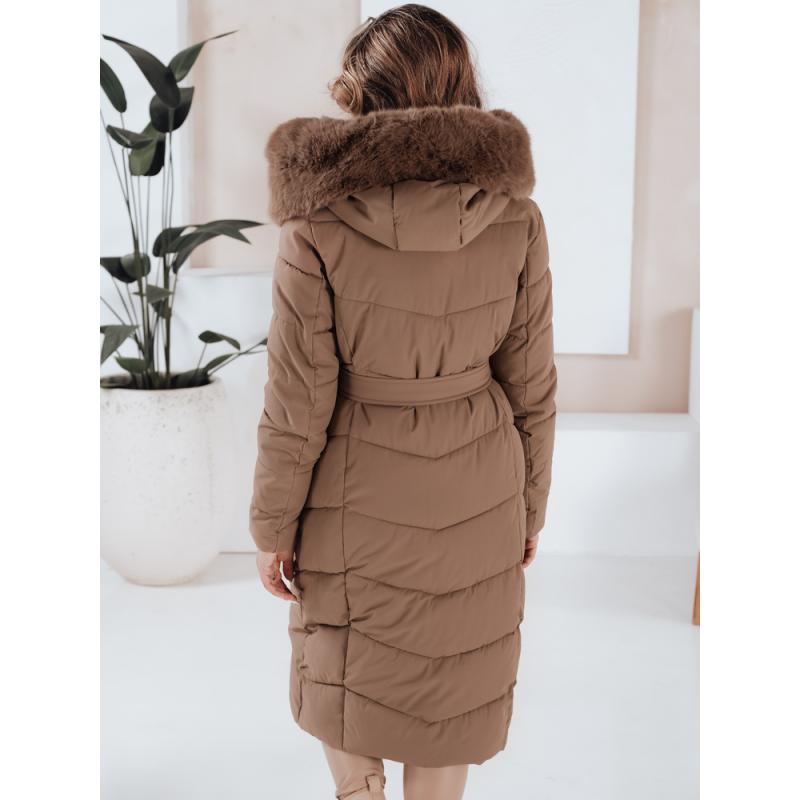 Dámska dlhá prešívaná zimná bunda s kožušinkou, kamelová
