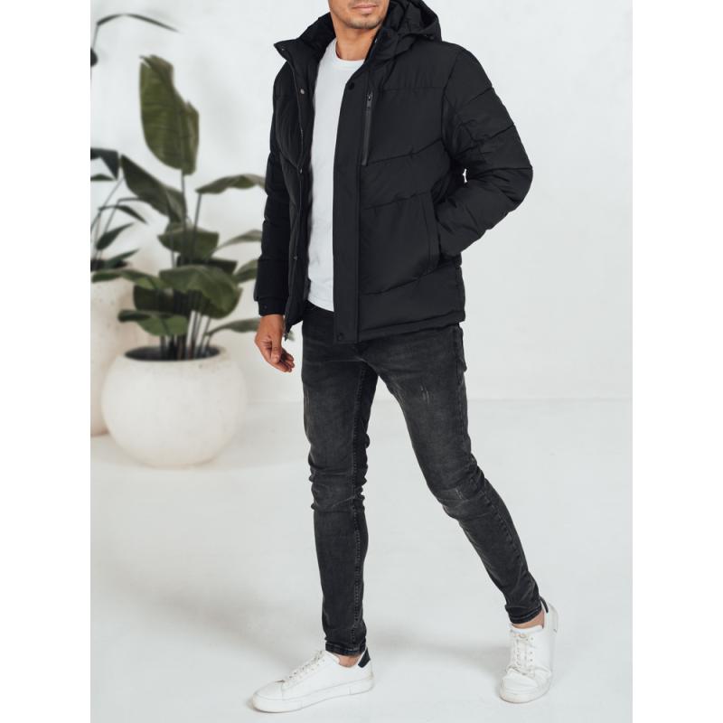 Férfi téli steppelt kabát kapucnival, fekete