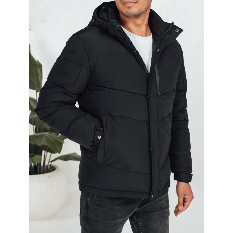 Férfi téli steppelt kabát kapucnival, fekete