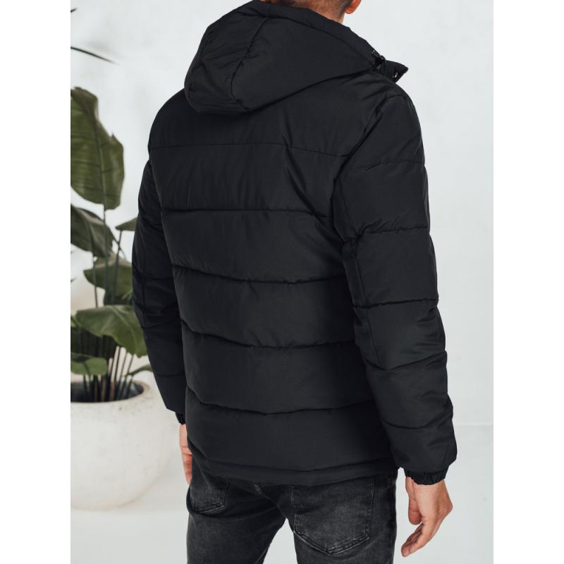 Férfi téli steppelt kabát kapucnival, fekete