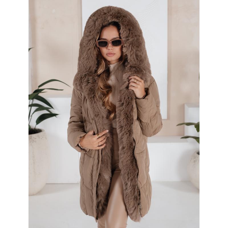 Dámska dlhá prešívaná zimná bunda MORISIO s kapucňou, béžová