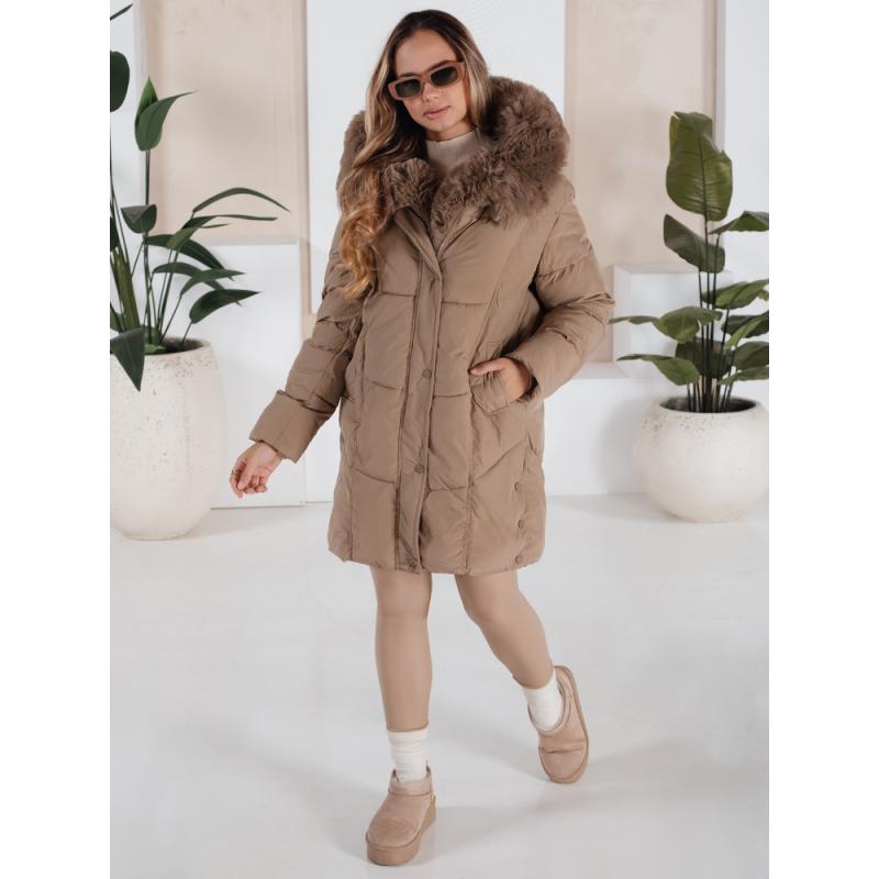 Dámska dlhá prešívaná zimná bunda MORISIO s kapucňou, béžová