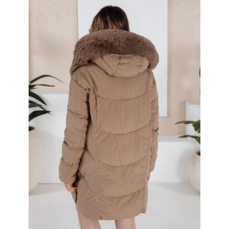 Dámska dlhá prešívaná zimná bunda MORISIO s kapucňou, béžová