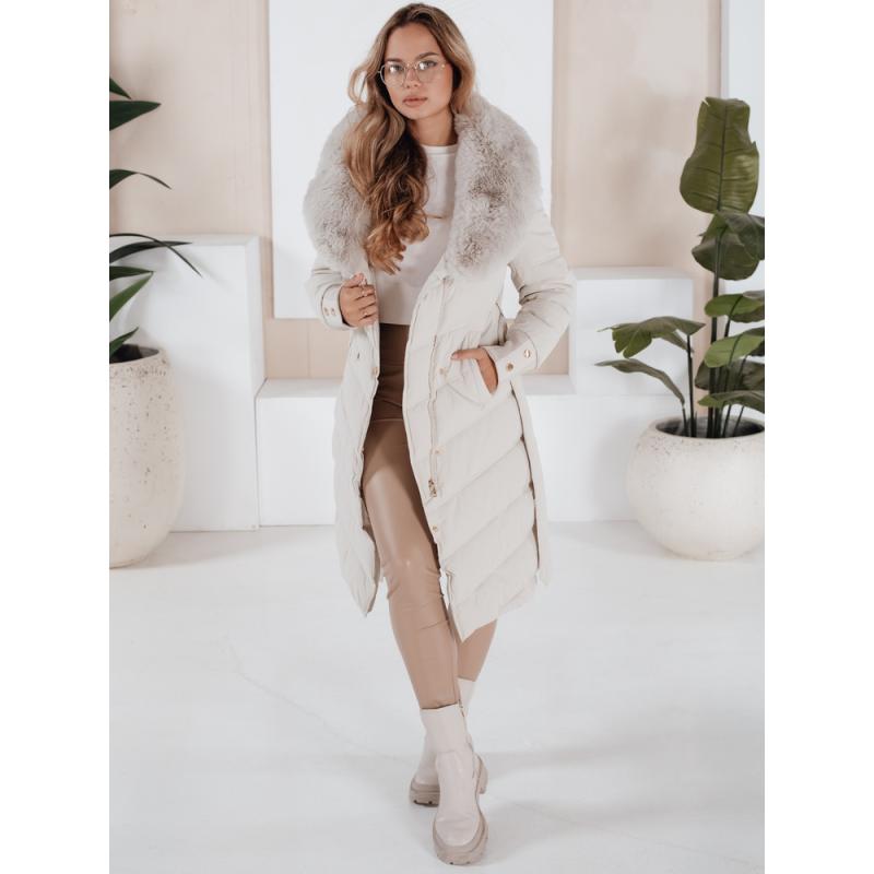 Dámska prešívaná zimná bunda s kožušinkou, ecru