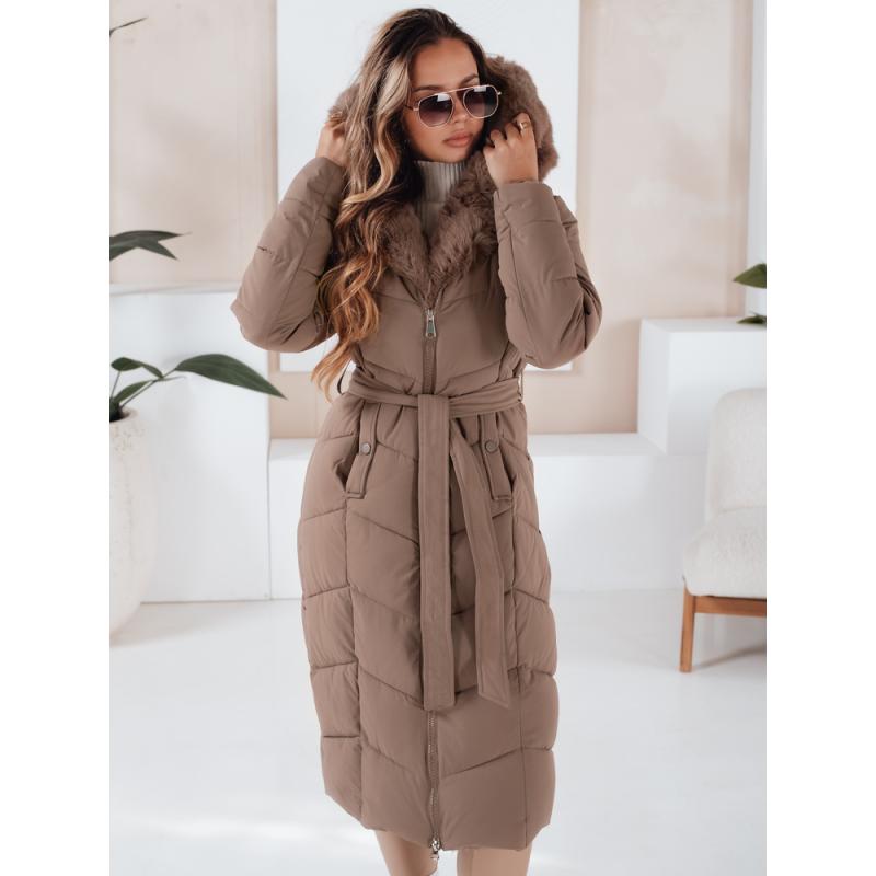 Dámska dlhá prešívaná zimná bunda s kožušinkou, tmavobežová