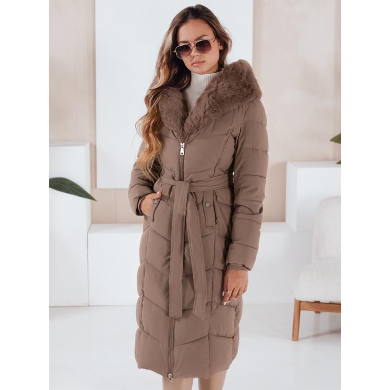 Dámska dlhá prešívaná zimná bunda s kožušinkou, tmavobežová