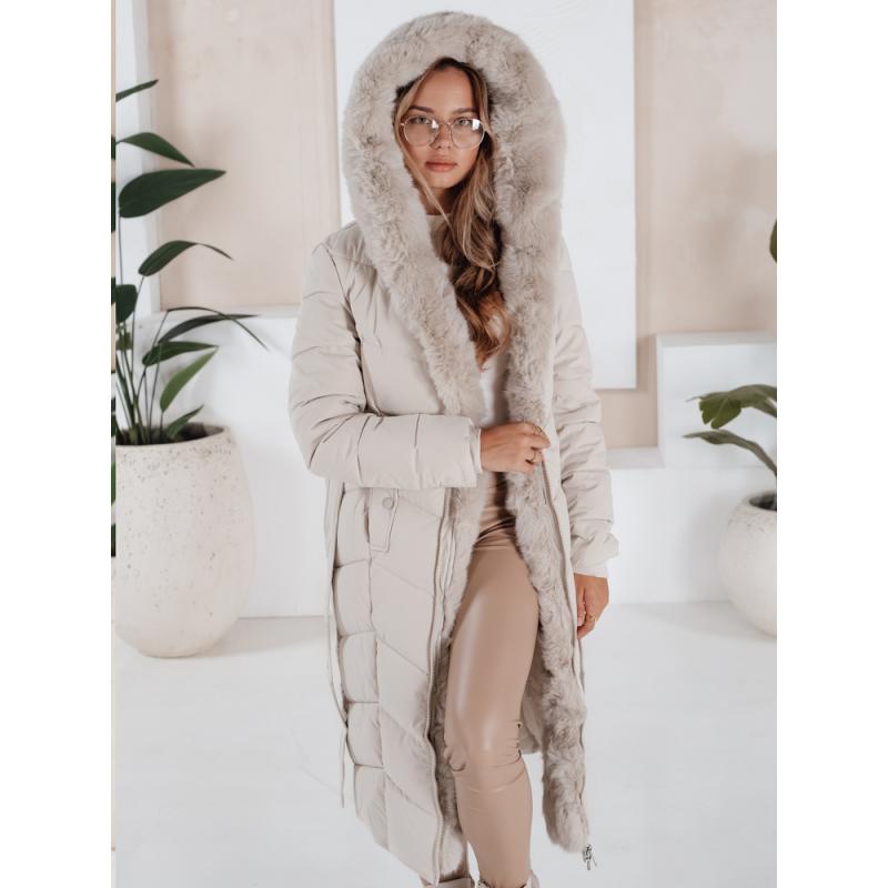 Dámska dlhá prešívaná zimná bunda s kožušinkou, ecru