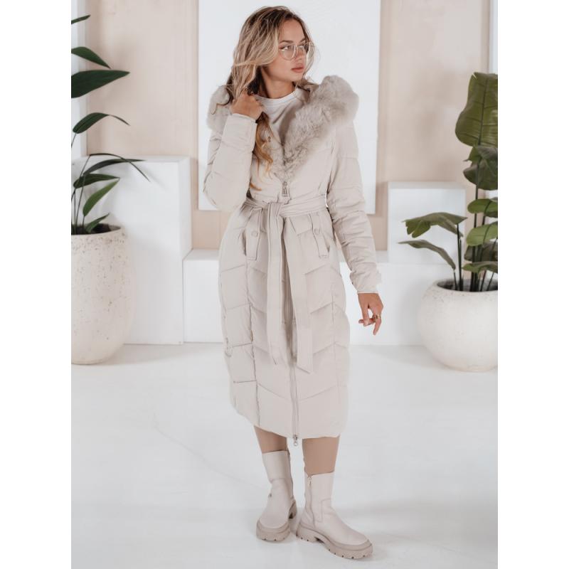 Dámska dlhá prešívaná zimná bunda s kožušinkou, ecru