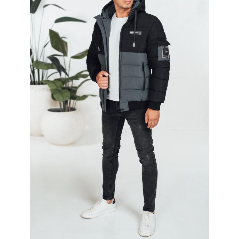 Pánská zimní bunda s kapucí, černá a šedá