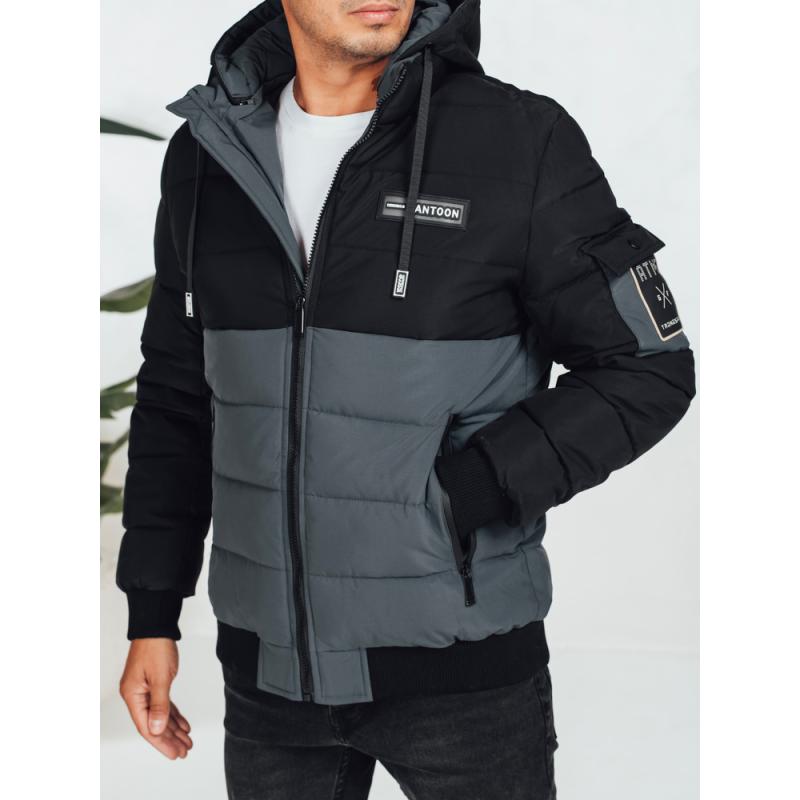 Pánská zimní bunda s kapucí, černá a šedá