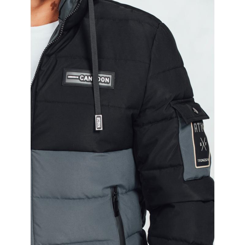 Pánská zimní bunda s kapucí, černá a šedá