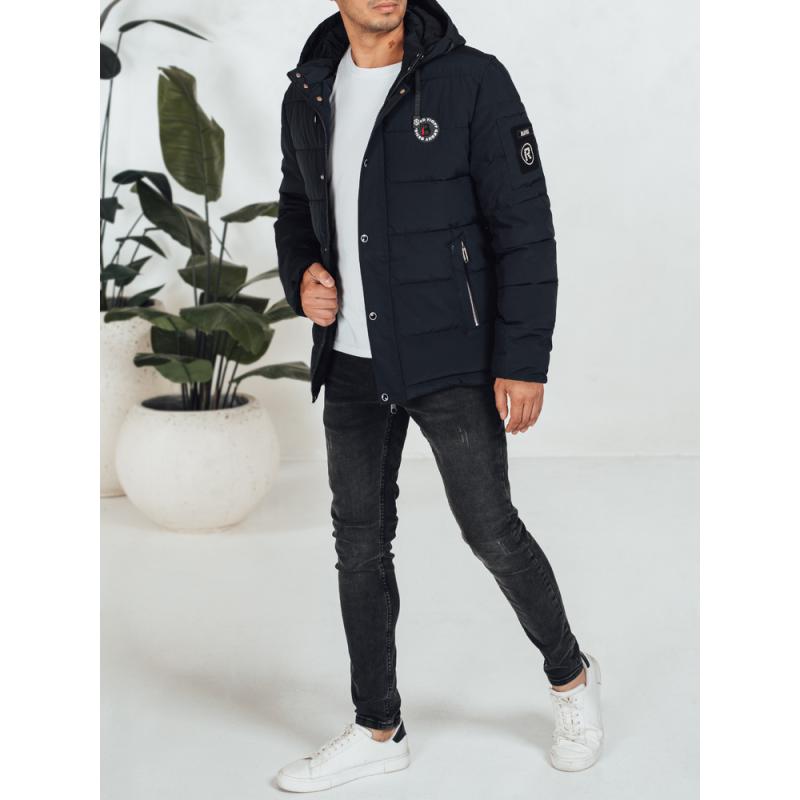 Férfi téli steppelt kabát kapucnival, sötétkék