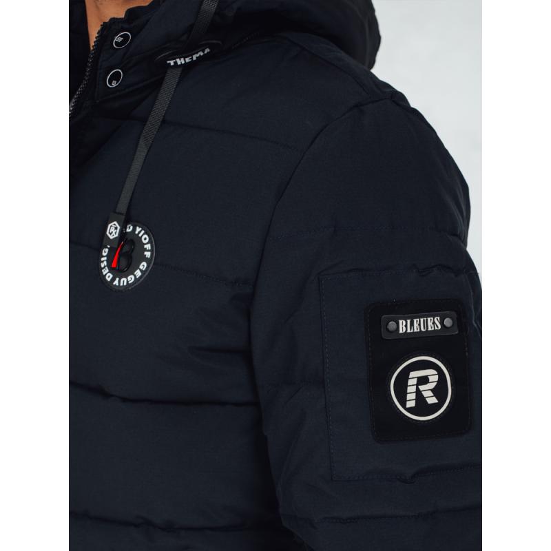 Férfi téli steppelt kabát kapucnival, sötétkék