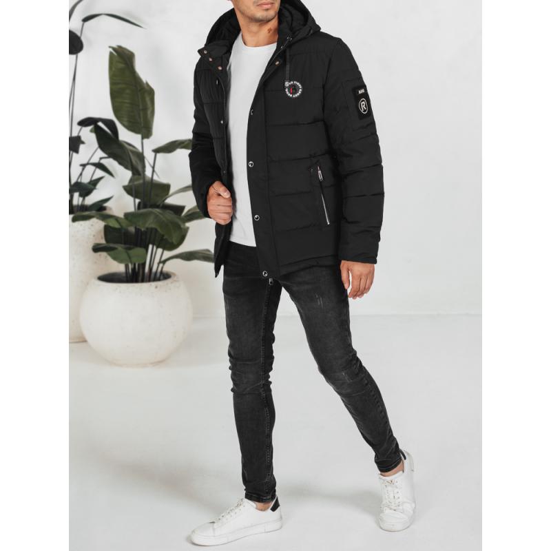 Férfi téli steppelt kabát kapucnival, fekete