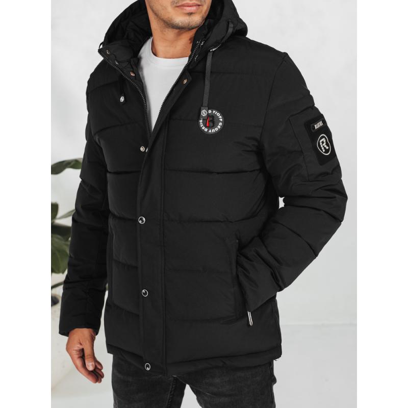 Férfi téli steppelt kabát kapucnival, fekete