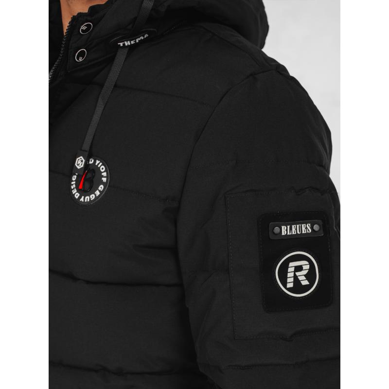 Férfi téli steppelt kabát kapucnival, fekete