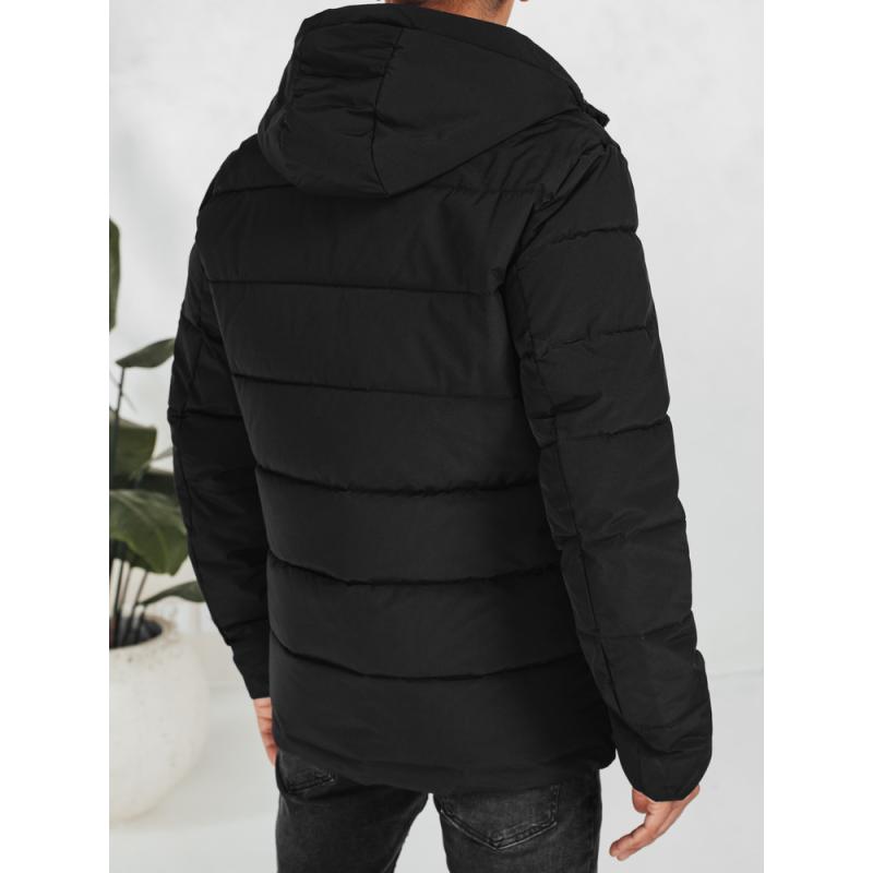 Férfi téli steppelt kabát kapucnival, fekete
