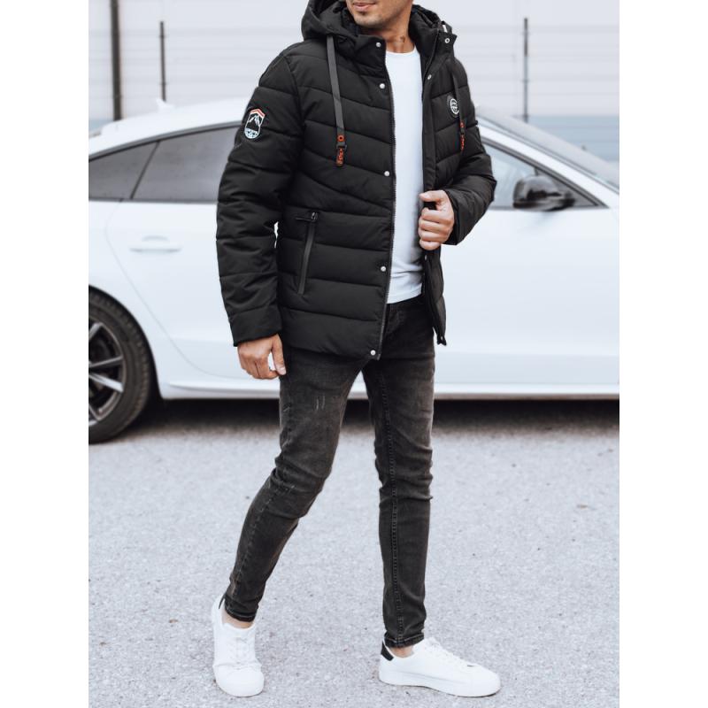 Férfi téli steppelt kabát kapucnival, fekete