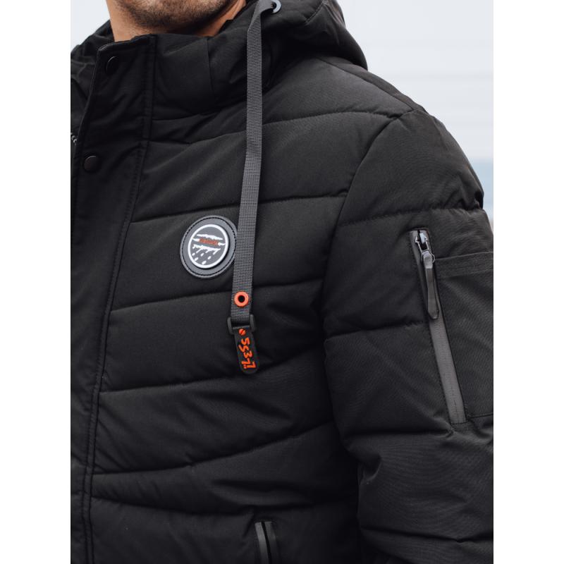 Férfi téli steppelt kabát kapucnival, fekete