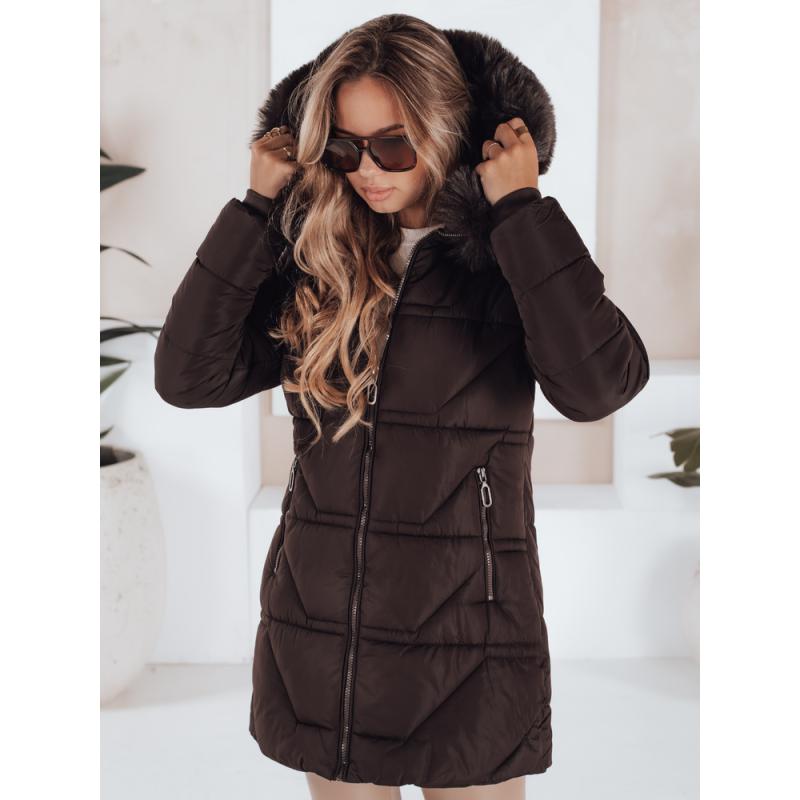 Dámska prešívaná bunda s kožušinou, hnedá