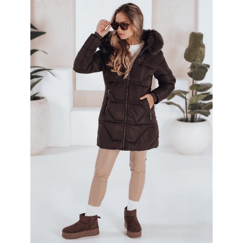 Dámska prešívaná bunda s kožušinou, hnedá