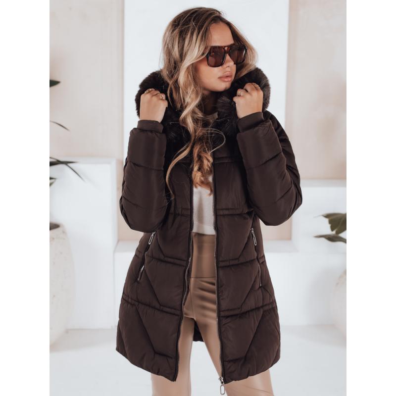 Dámska prešívaná bunda s kožušinou, hnedá