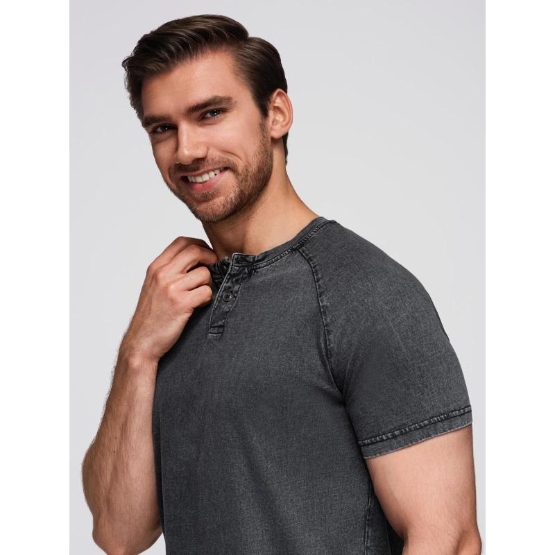 Pánské tričko s efektem vyprání a knoflíky u výstřihu – černé V1 OM-TSWT-0150