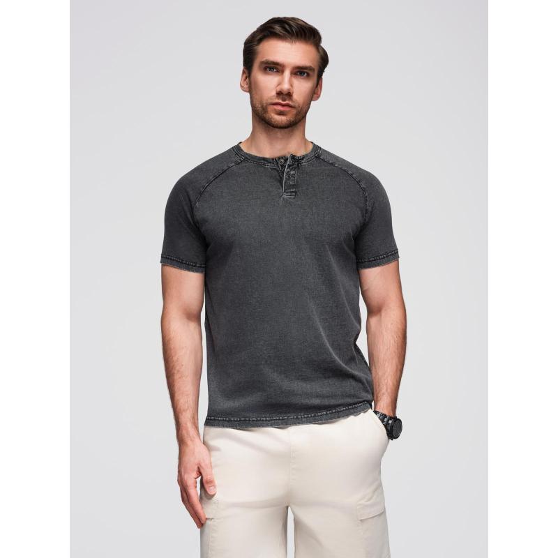 Pánské tričko s efektem vyprání a knoflíky u výstřihu – černé V1 OM-TSWT-0150