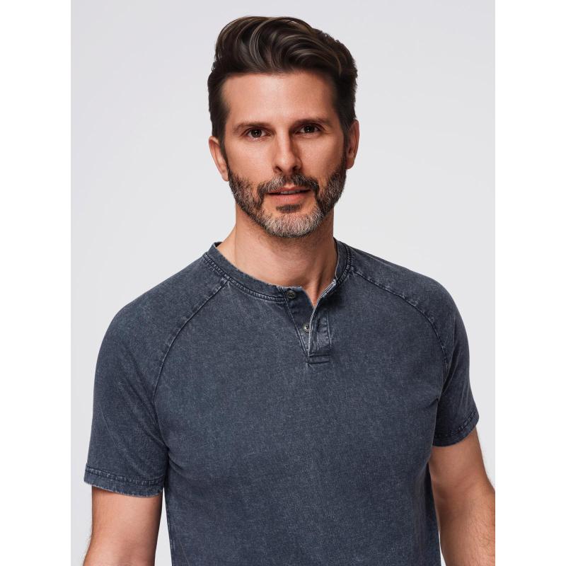Pánské tričko s efektem vyprání a knoflíky u výstřihu – tmavě modré V2 OM-TSWT-0150
