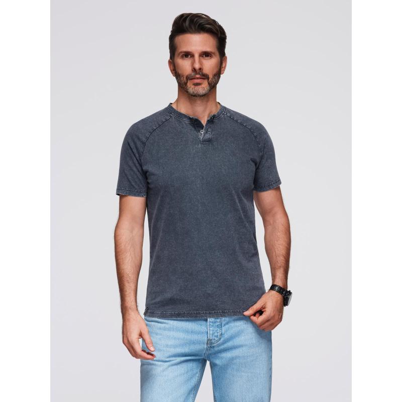 Pánské tričko s efektem vyprání a knoflíky u výstřihu – tmavě modré V2 OM-TSWT-0150