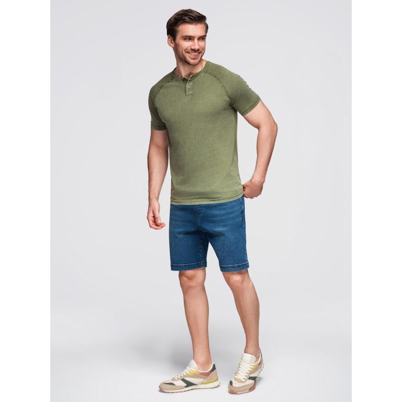 Pánské tričko s efektem vyprání a knoflíky u výstřihu – olivové V4 OM-TSWT-0150