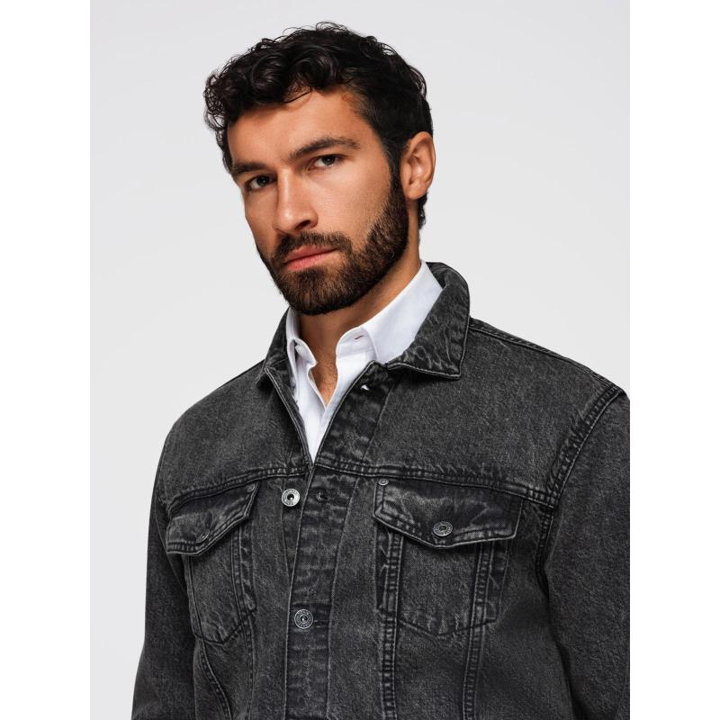 Pánská džínová bunda katana s efektem vyprání – černá V3 OM-JADJ-0219