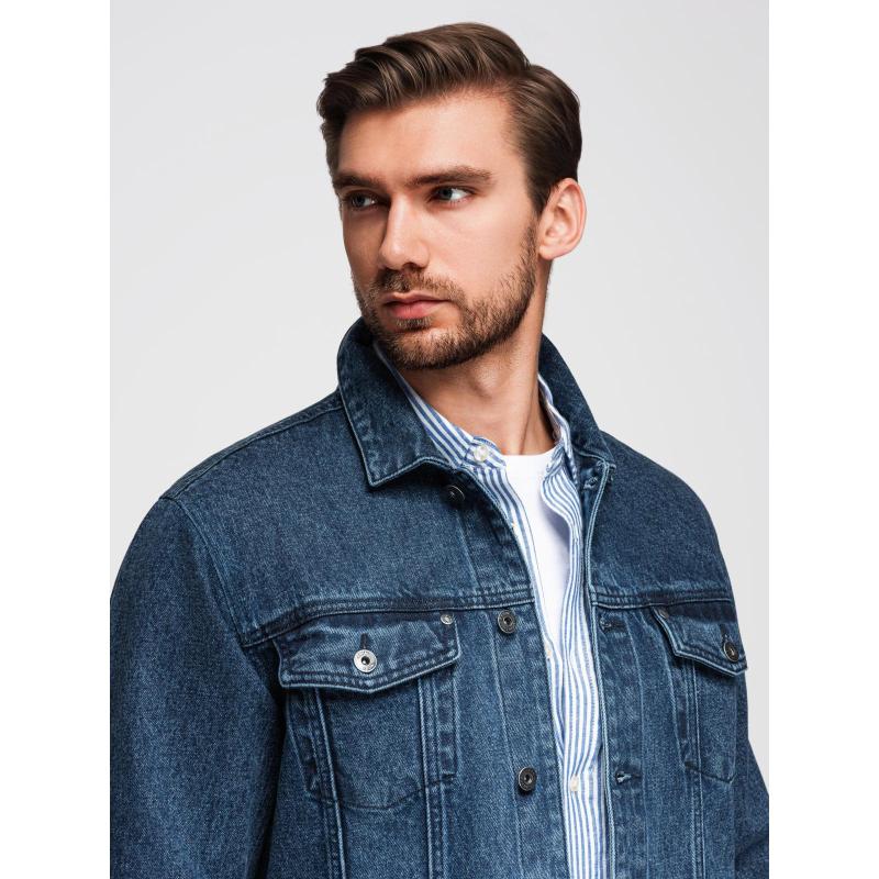 Pánská džínová bunda katana s efektem vyprání – modrá V4 OM-JADJ-0219