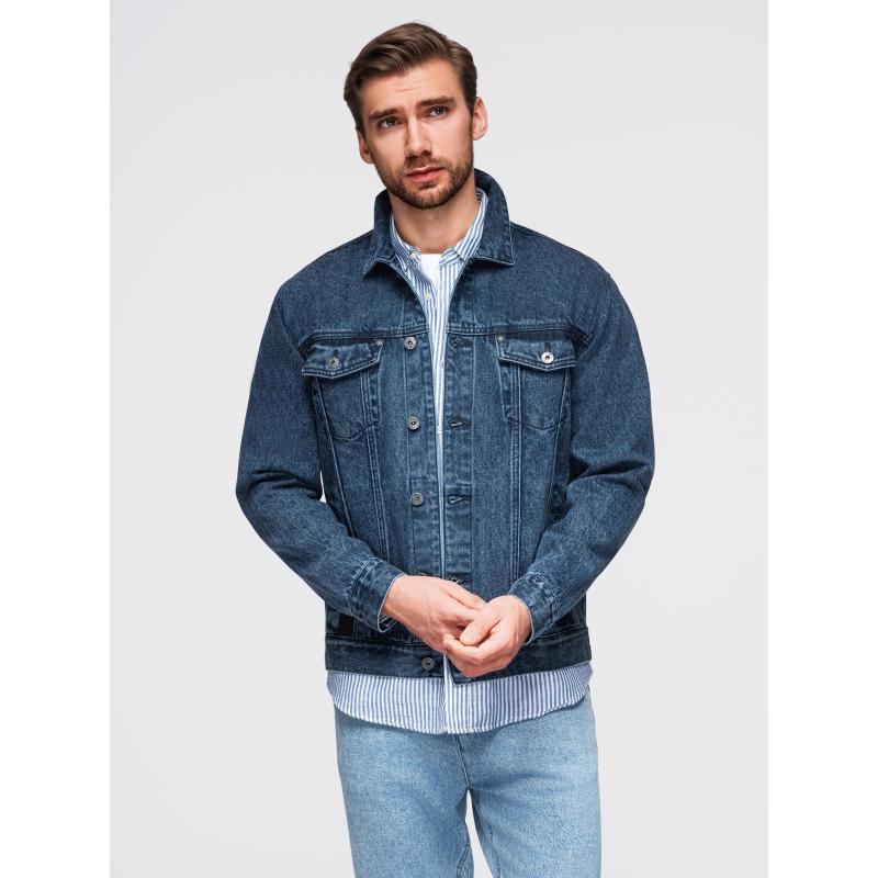 Pánská džínová bunda katana s efektem vyprání – modrá V4 OM-JADJ-0219