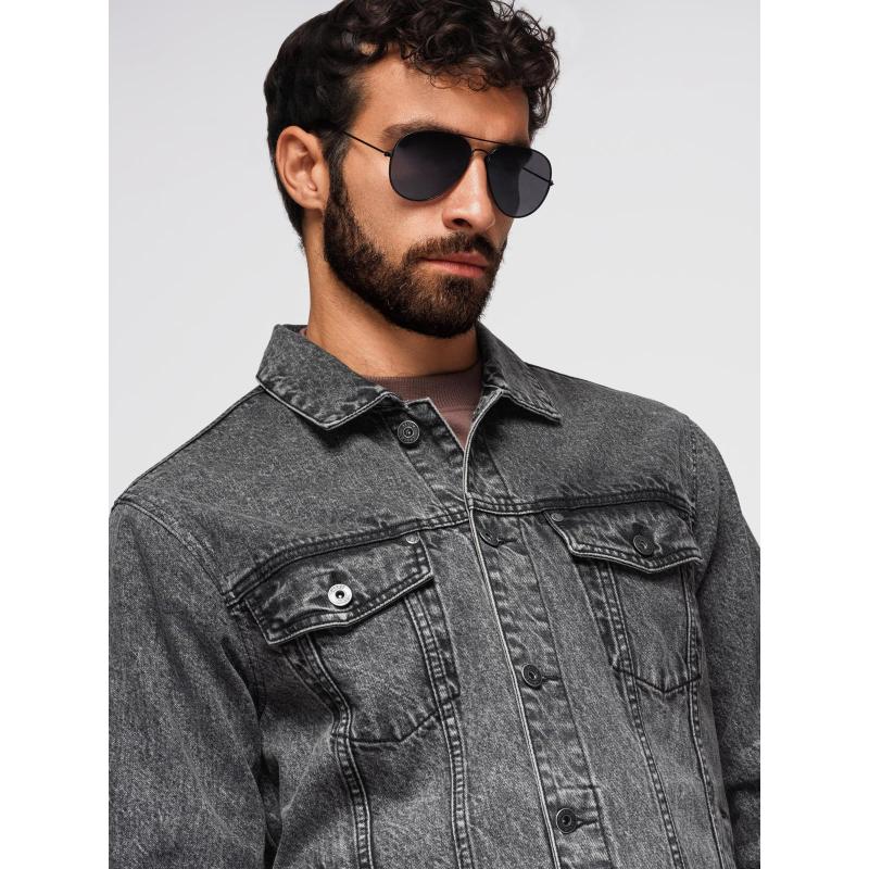 Pánská džínová bunda katana s efektem vyprání – černá V3 OM-JADJ-0219