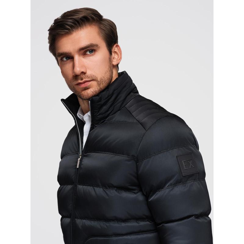 Pánská džínová bunda s pletenými rukávy a kapucí – modro-černá V2 OM-JADJ-0220