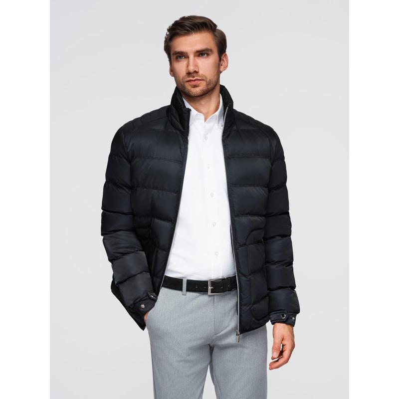 Pánská džínová bunda s pletenými rukávy a kapucí – modro-černá V2 OM-JADJ-0220