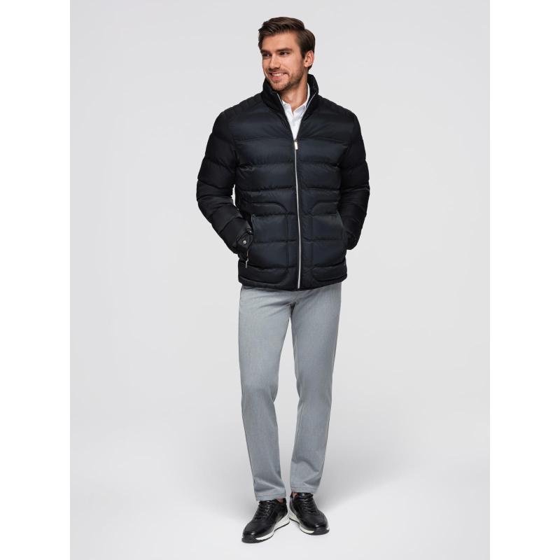 Pánská džínová bunda s pletenými rukávy a kapucí – modro-černá V2 OM-JADJ-0220