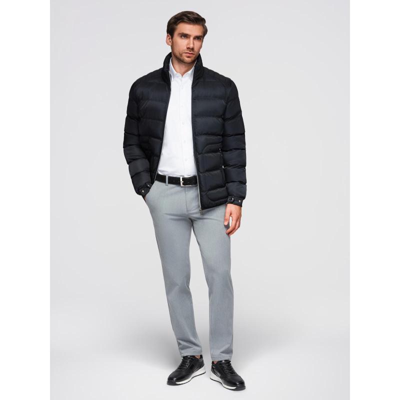 Pánská džínová bunda s pletenými rukávy a kapucí – modro-černá V2 OM-JADJ-0220