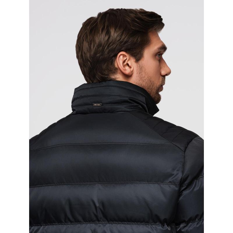 Pánská džínová bunda s pletenými rukávy a kapucí – modro-černá V2 OM-JADJ-0220