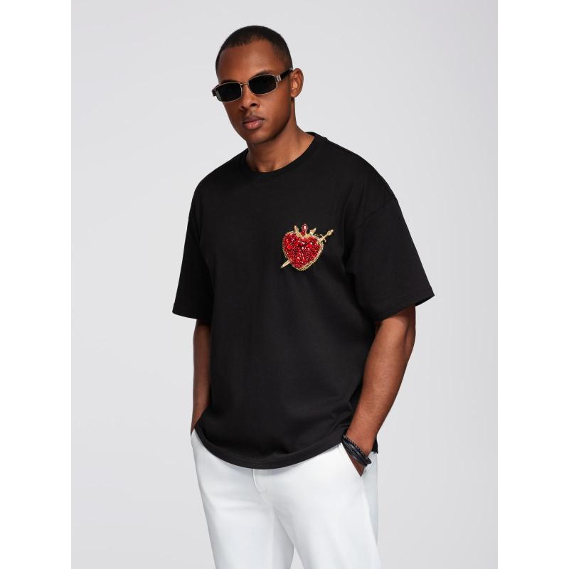 Pánské bavlněné tričko s aplikací šperků na hrudi – černé V1 OM-TSCT-0290