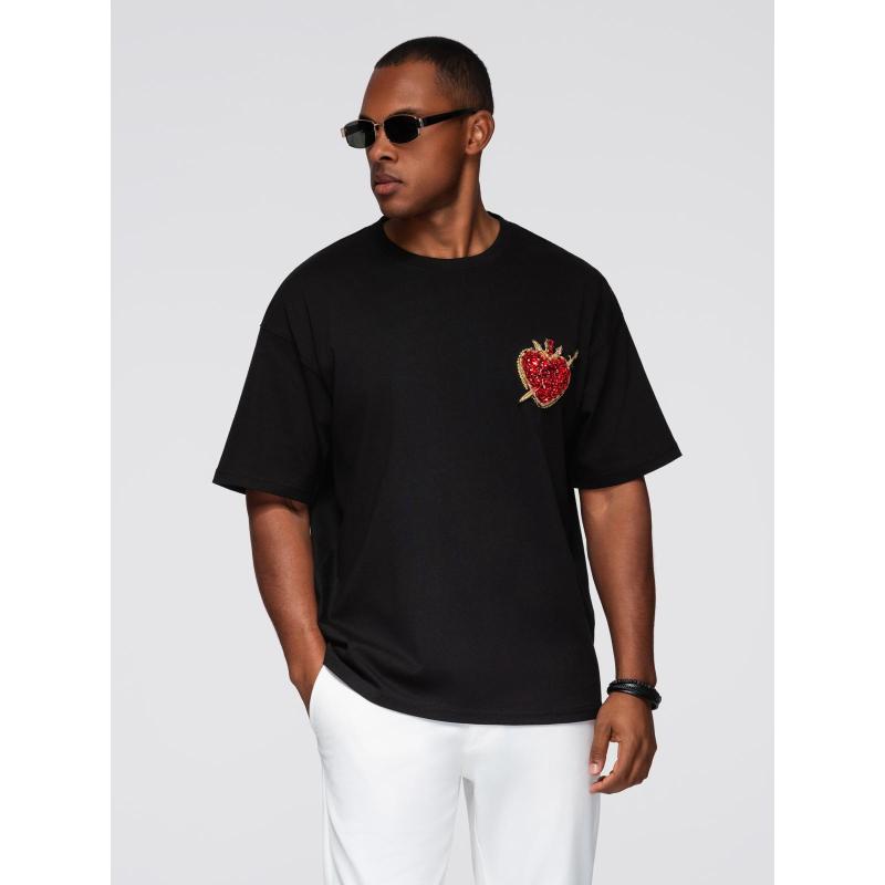 Pánské bavlněné tričko s aplikací šperků na hrudi – černé V1 OM-TSCT-0290