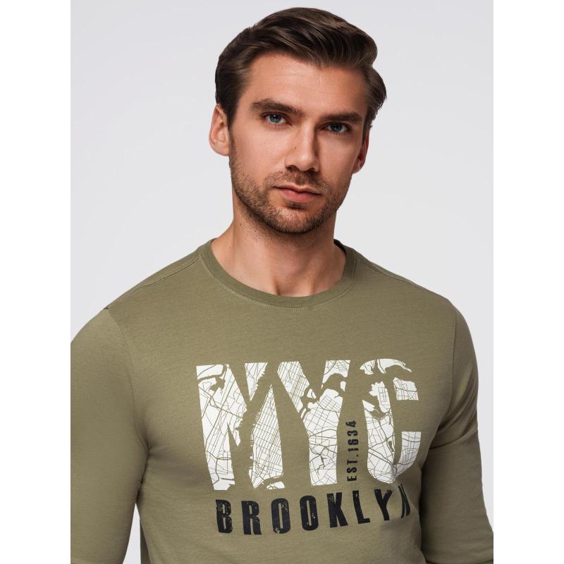 Pánské tričko s dlouhým rukávem s městským potiskem – olivově zelené V1 OM-LSPT-0131